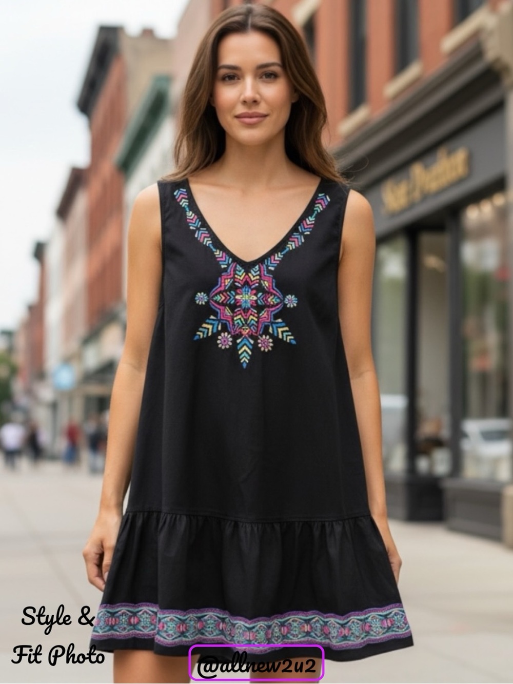 Jessica Simpson Boho Black Dress with Vibrant Embroidery